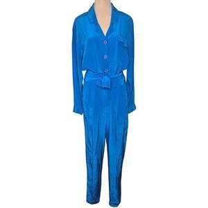 Ann May Vintage 80s Blue Silk Jumpsuit Button Front Glam Size XS
